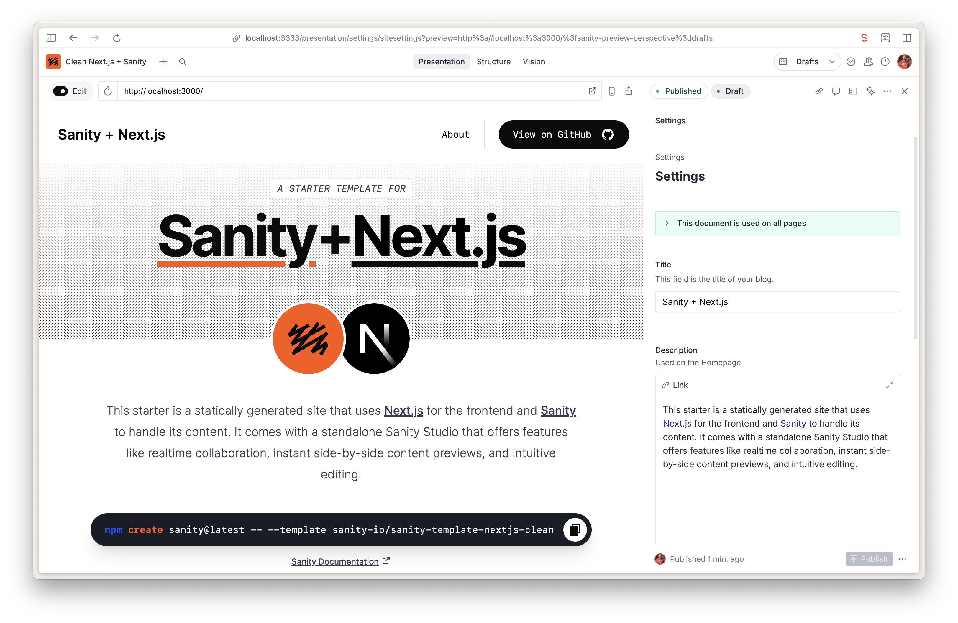 Screenshot of Sanity Studio using Presentation Tool to do Visual Editing
