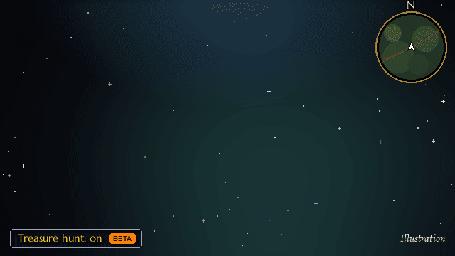 Treasure hunt: a chest marker appears, the addon pings, and the arrow turns to it and closes the distance (illustration)