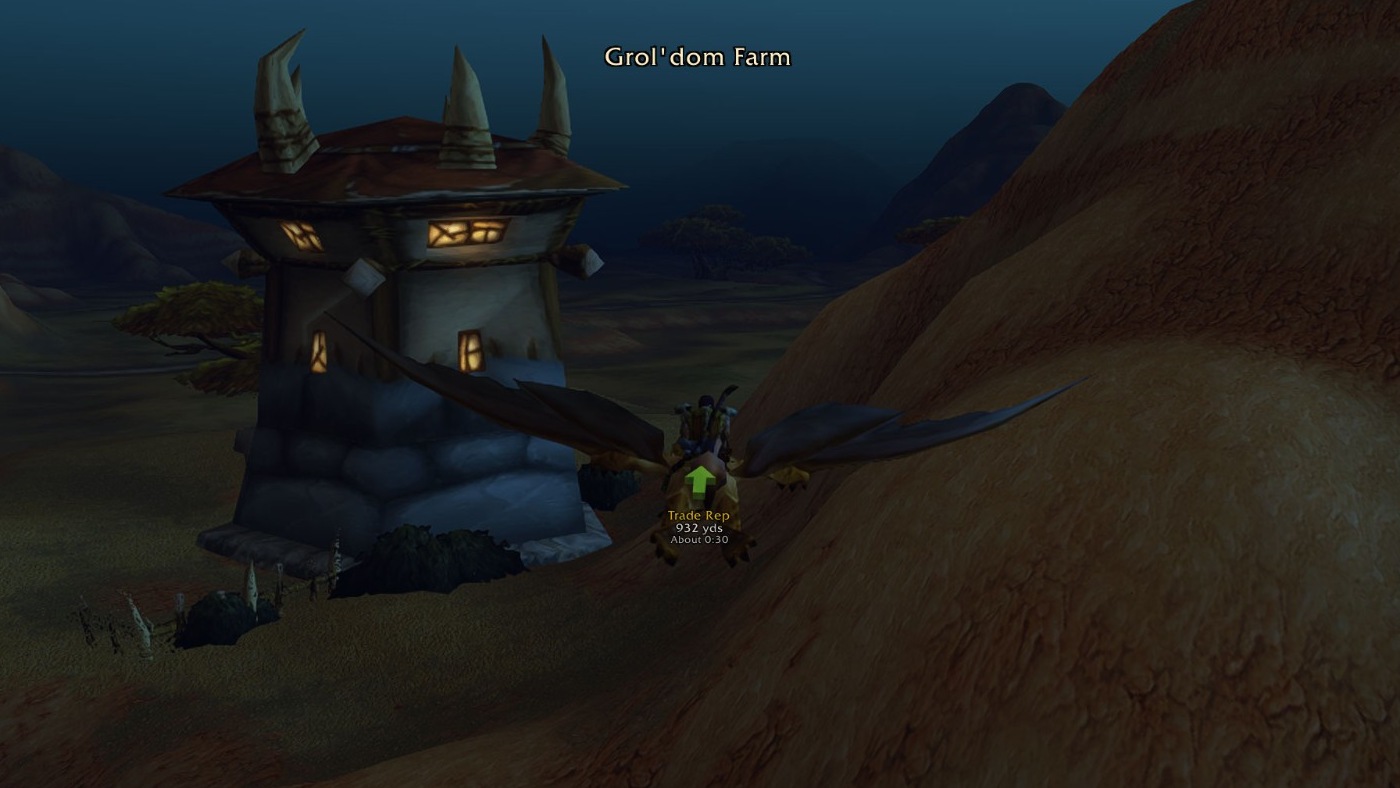 A green waypoint arrow over a flying character near Grol'dom Farm, with Trade Rep, 932 yds and About 0:30 beneath it