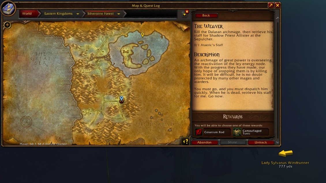 Silverpine Forest world map with waypoint pins and a gold arrow pointing toward Lady Sylvanas Windrunner, 777 yds away