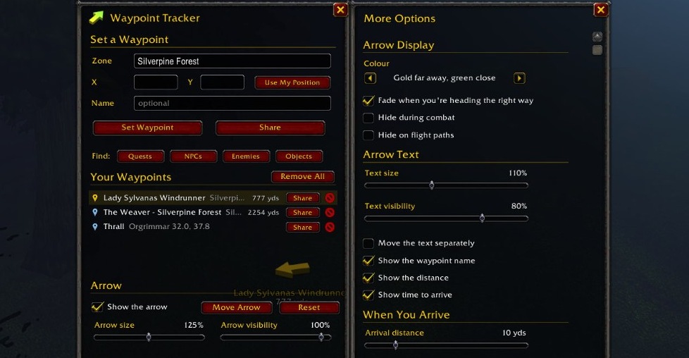 Waypoint Tracker's window: coordinate fields, Find buttons and saved waypoints with Share buttons, beside More Options
