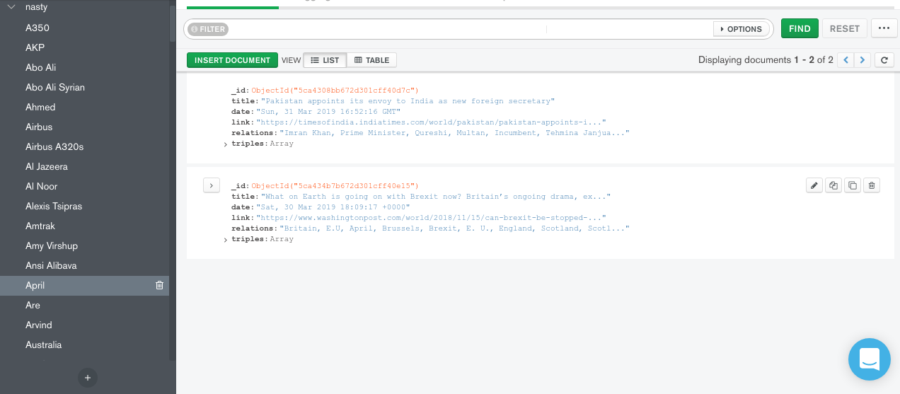 Image of MongoDB compass displaying entities