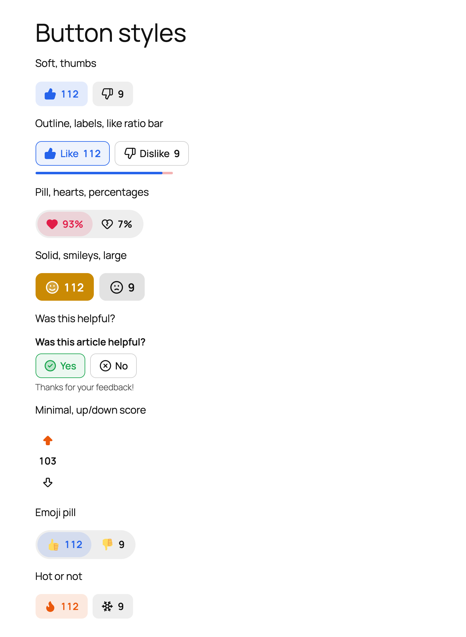 Button styles: soft thumbs, outline with labels and a like ratio bar, pill hearts with percentages, solid smileys, a Was this helpful? question, a stacked up/down score, emoji and hot-or-not.