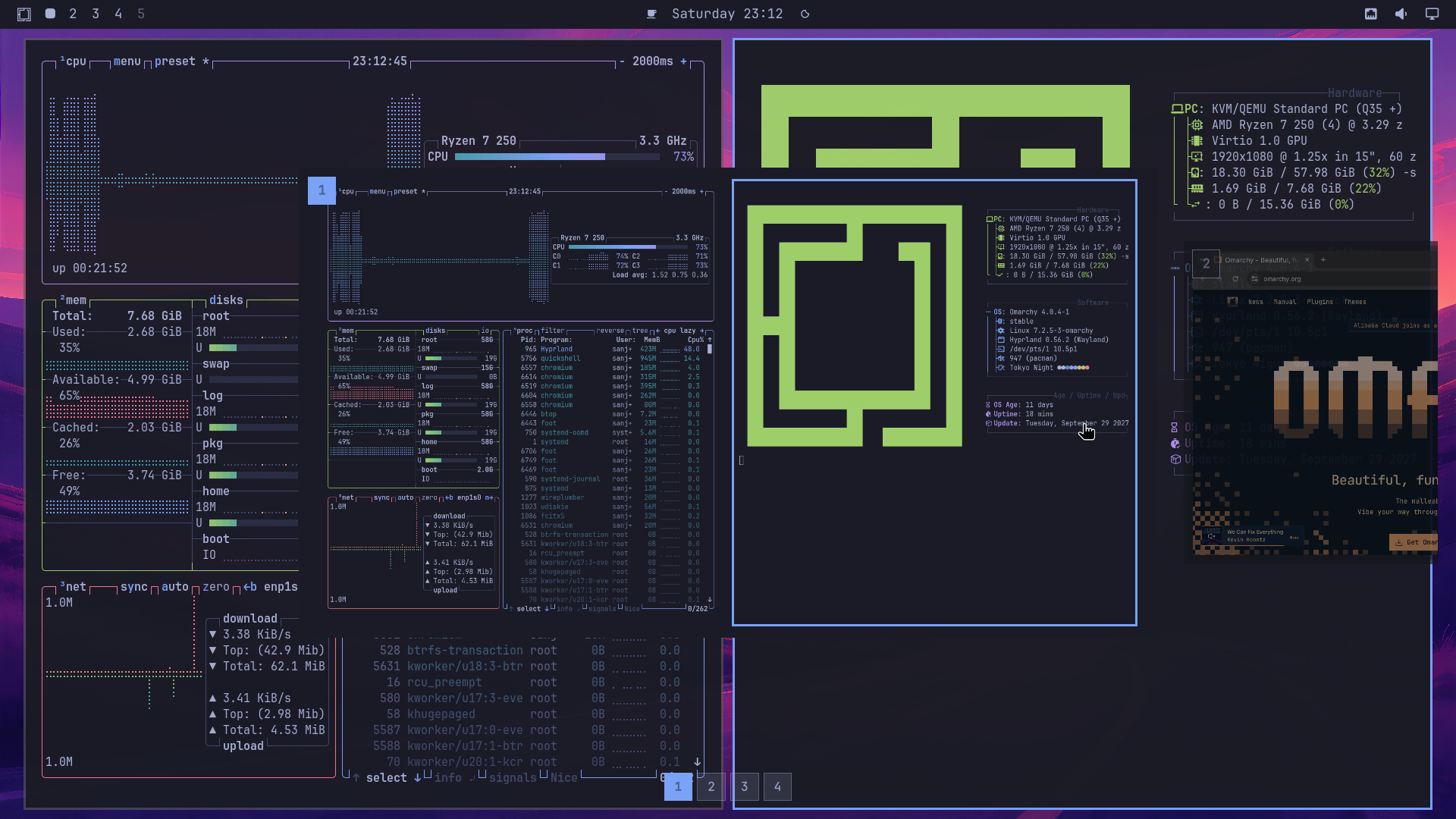Mirador 2.4.0 workspace carousel in an Omarchy VM