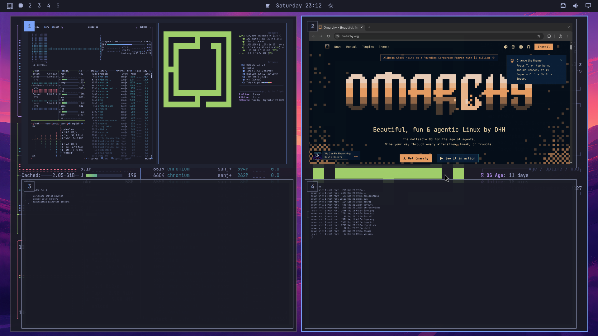 Mirador 2.4.0 full workspace overview in an Omarchy VM