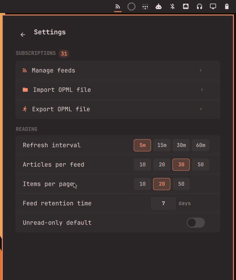 RSS-Reeder OPML import and export