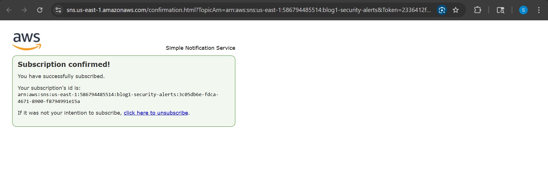 SNS subscription confirmed in browser
