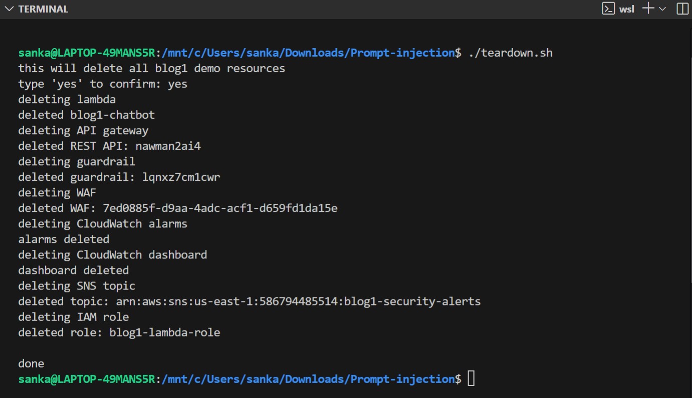 Teardown script output confirming all blog1 demo resources deleted