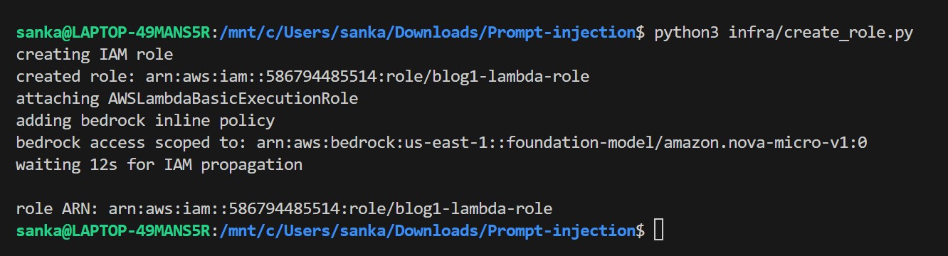 IAM role blog1-lambda-role created with AWSLambdaBasicExecutionRole and BedrockScopedAndCloudWatch inline policy