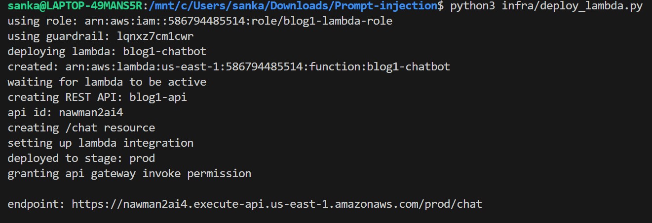 Lambda function blog1-chatbot deployed with API Gateway REST API trigger