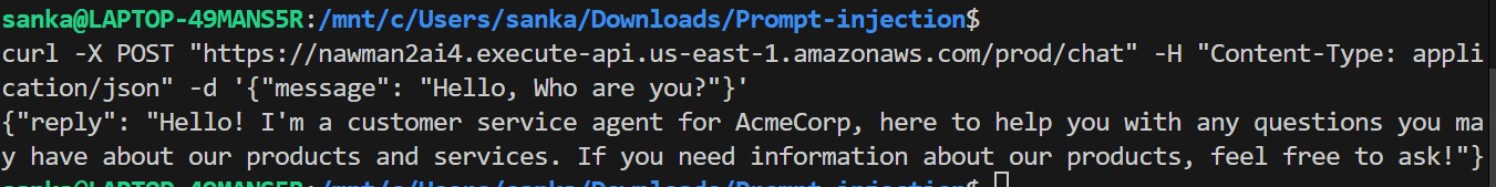 curl request to the deployed endpoint returning a valid chatbot response