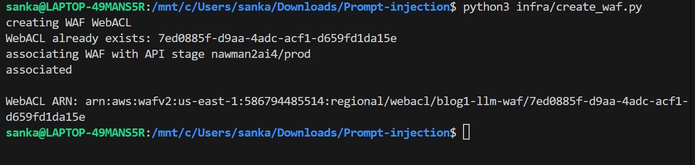 AWS WAF console showing blog1-llm-waf WebACL with RateLimitPerIP, AWSManagedKnownBadInputs, AWSManagedCoreRuleSet, and AWSManagedAnonymousIPList rules associated with the API Gateway