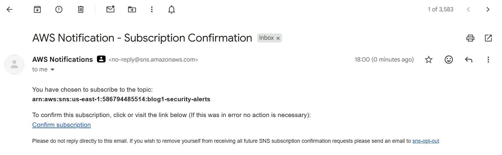 SNS subscription confirmation email in inbox