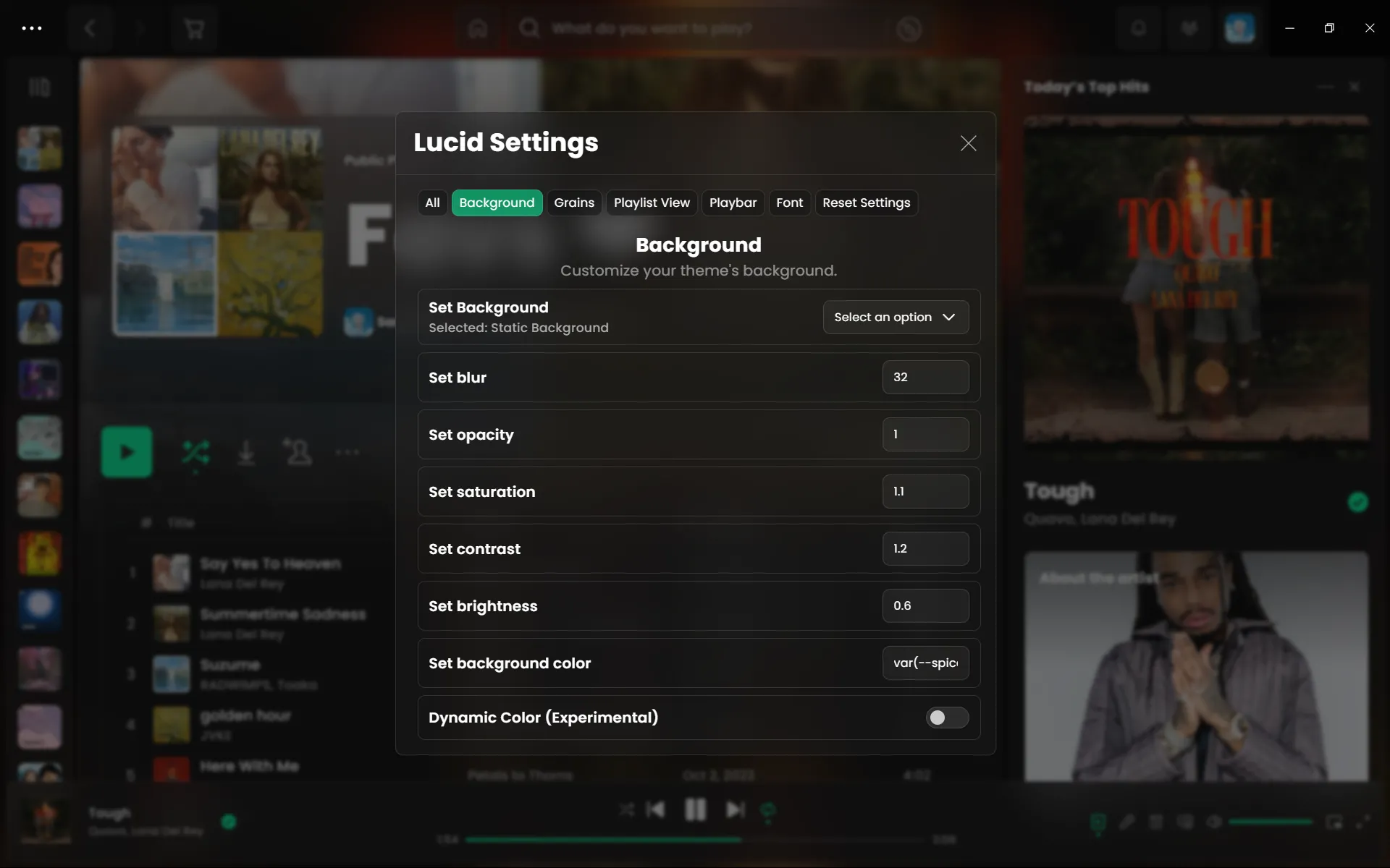 Settings for background customization