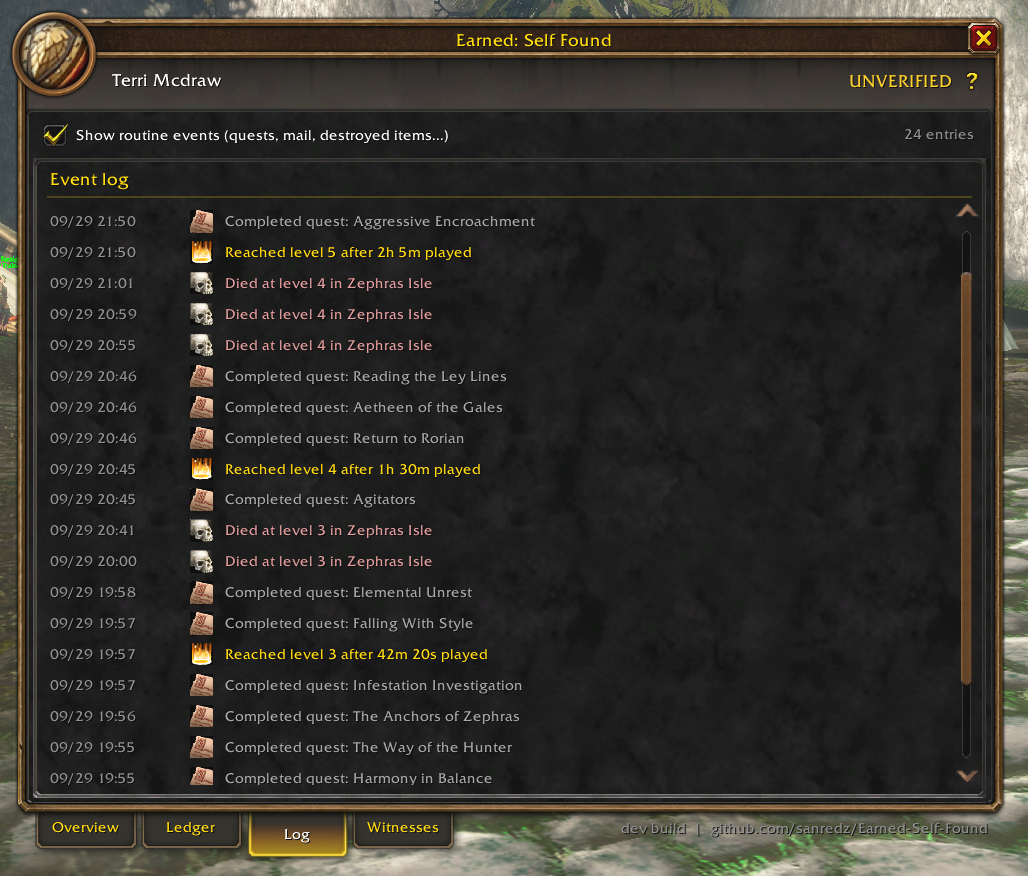 Event log tab