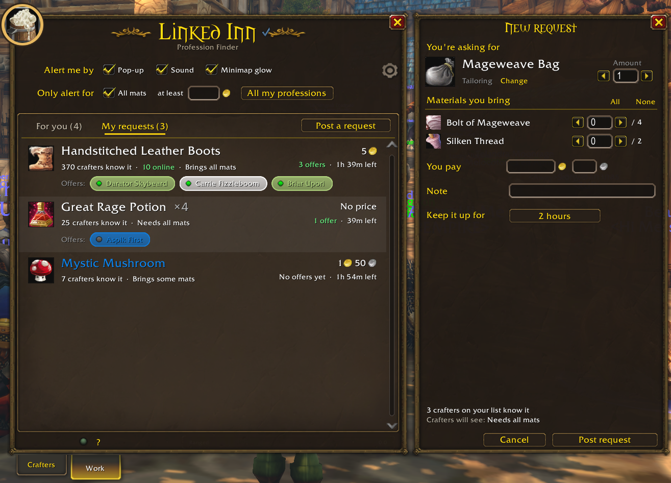 Your requests with offers, and a new request being posted