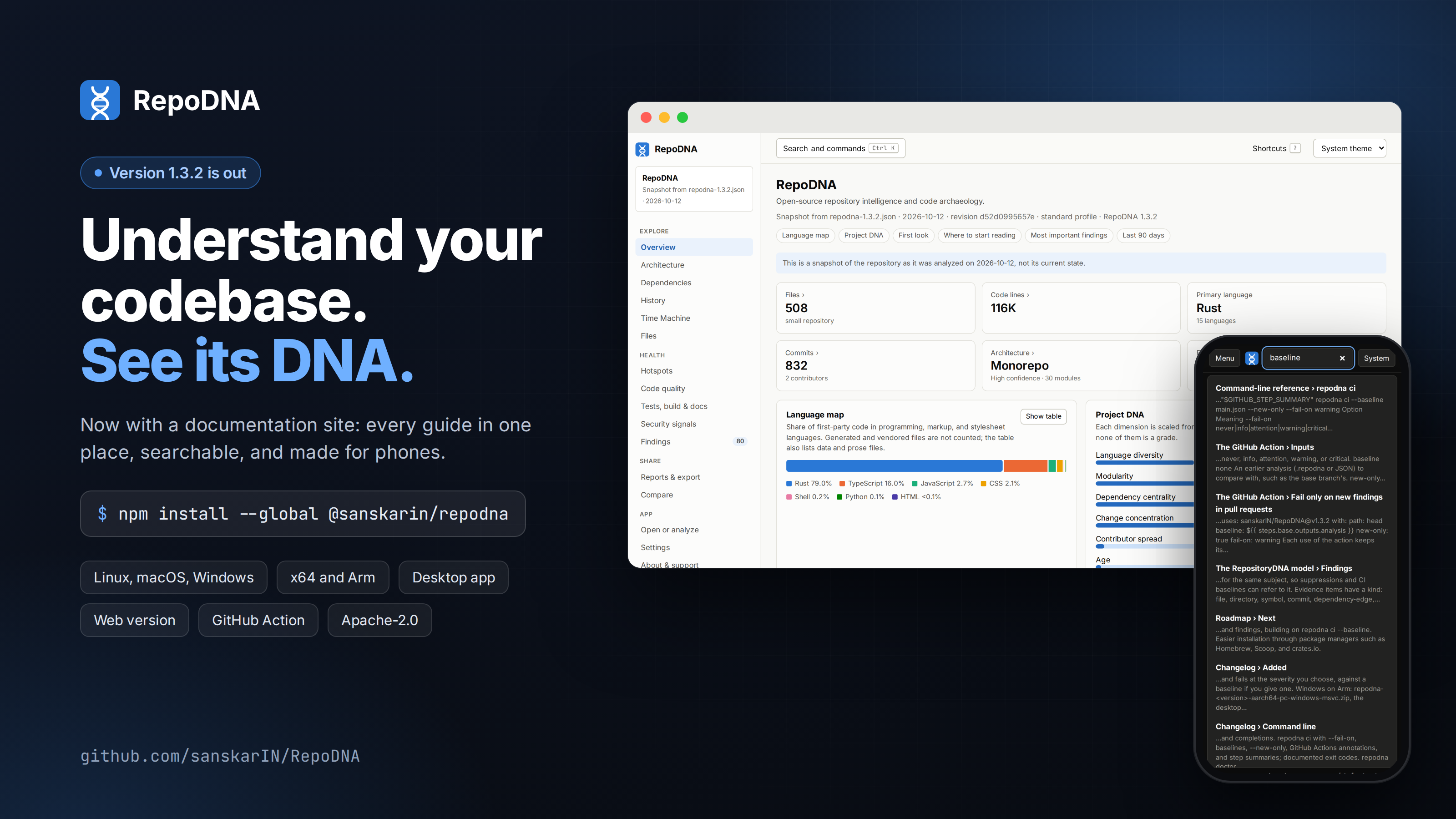 RepoDNA 1.3.2 on a desktop and a phone