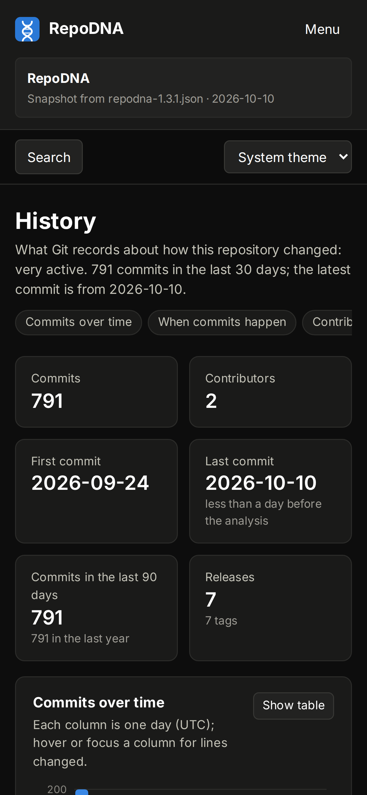 History on a phone, in the dark theme