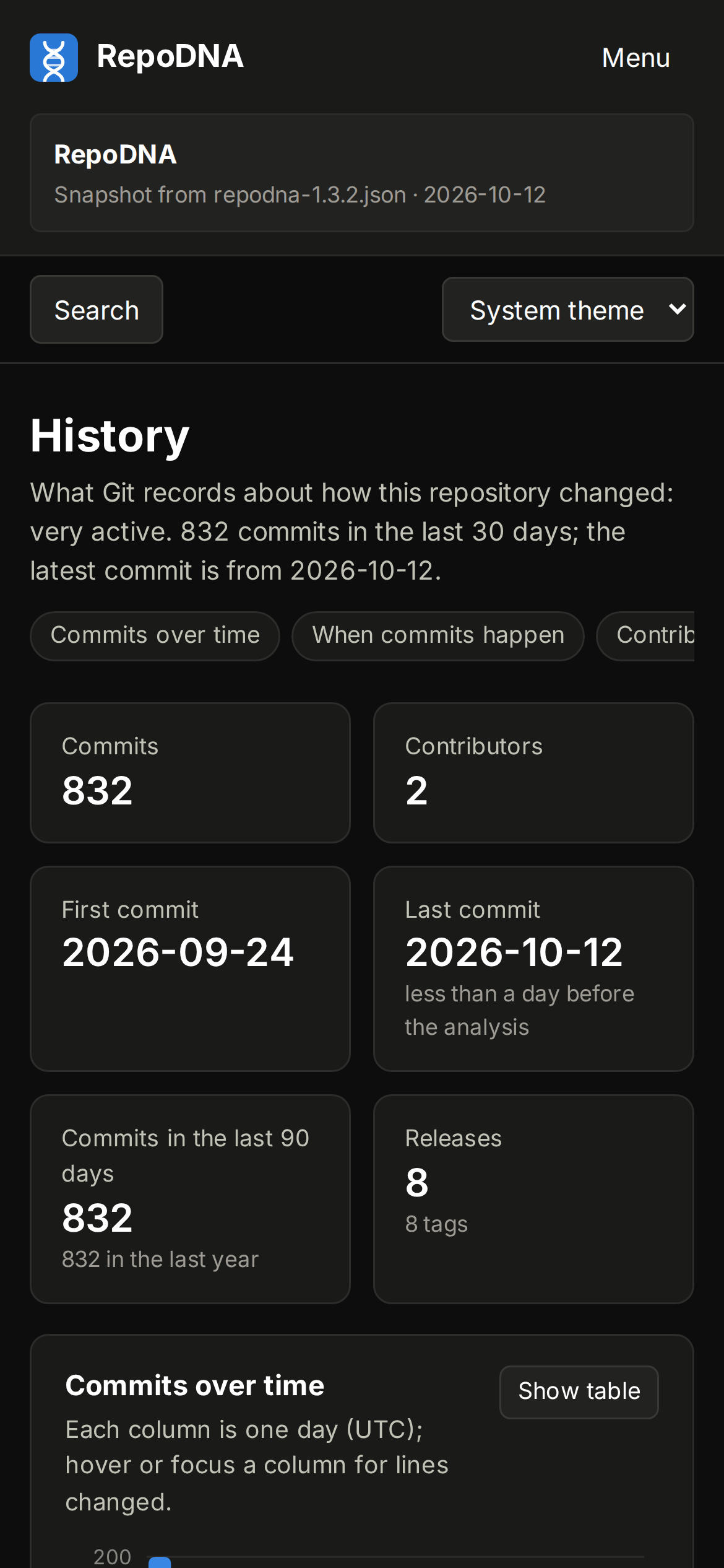 History on a phone, in the dark theme