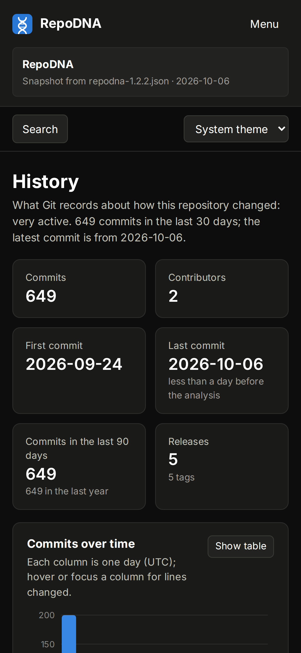 History on a phone, in the dark theme