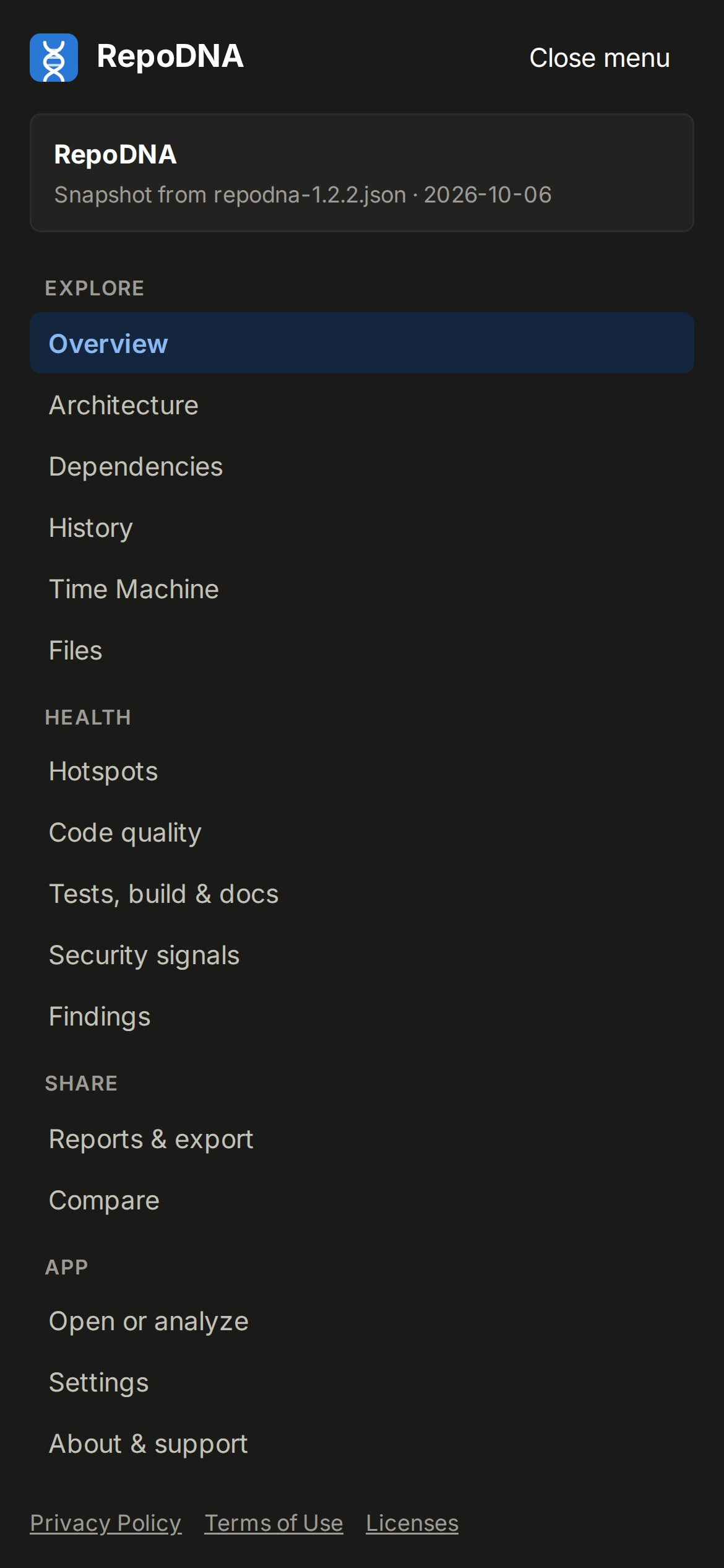 The navigation menu on a phone, in the dark theme