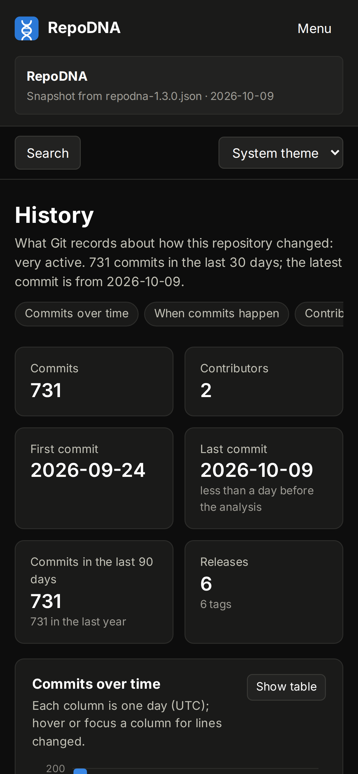 History on a phone, in the dark theme