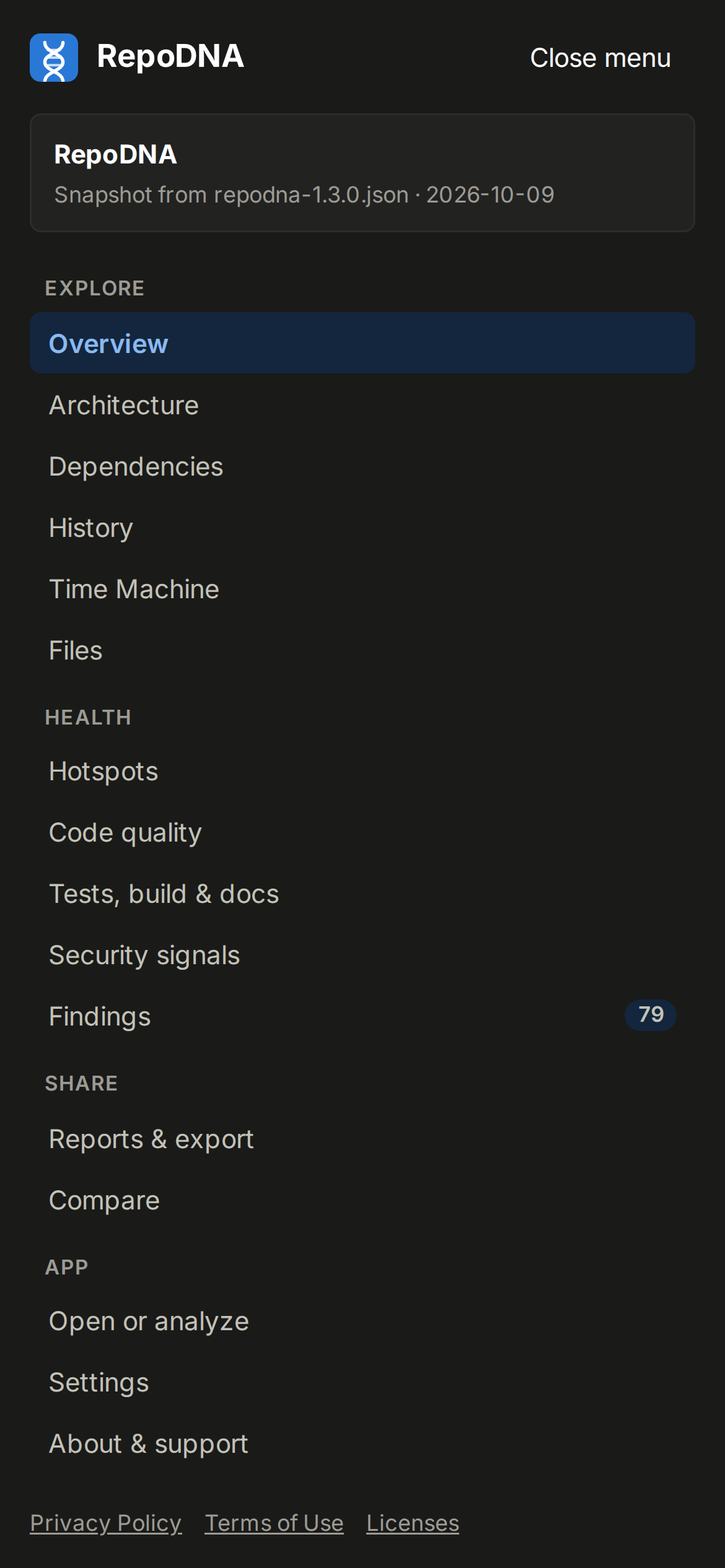 The navigation menu on a phone, in the dark theme