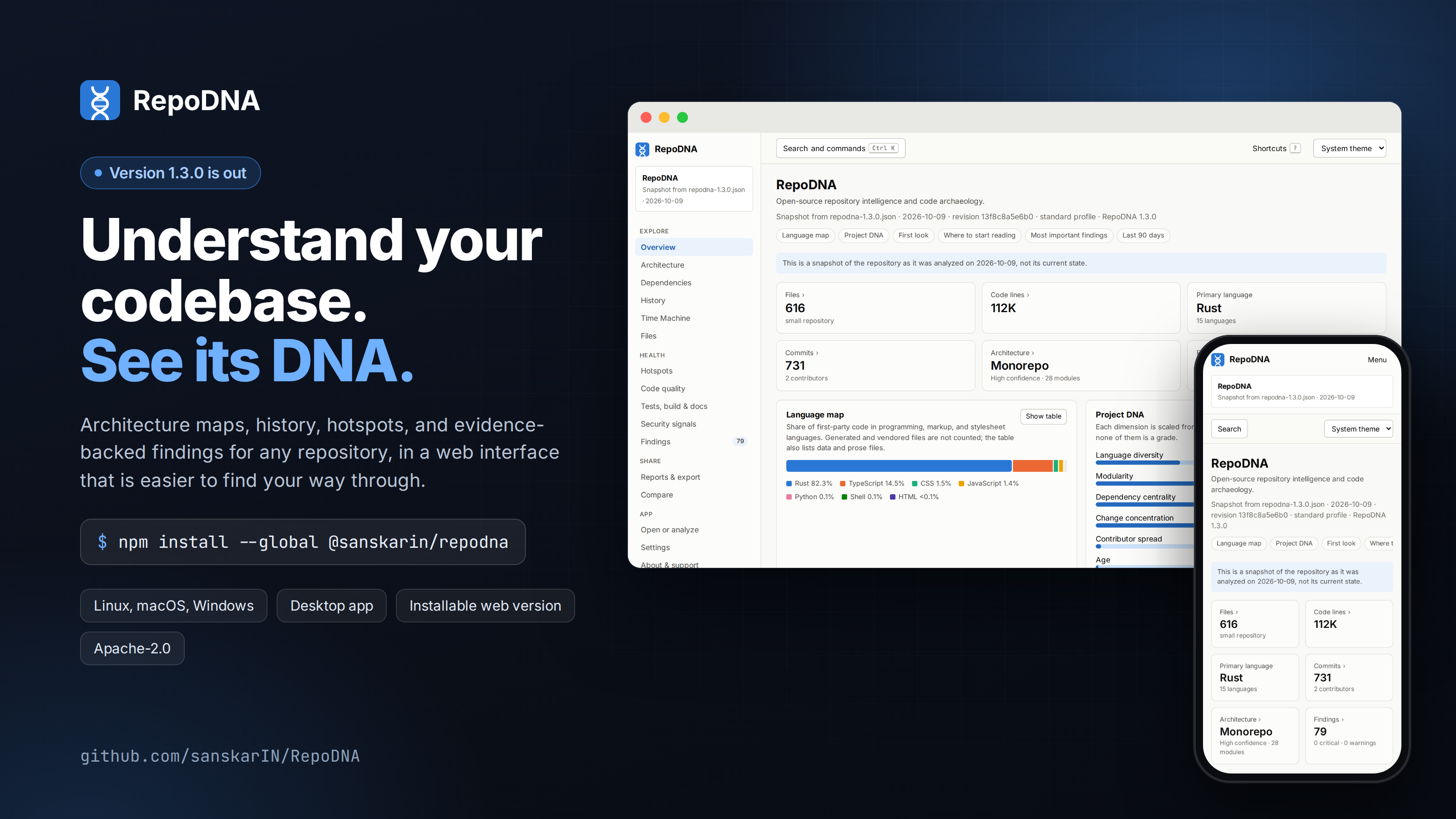 RepoDNA 1.3.0 on a desktop and a phone