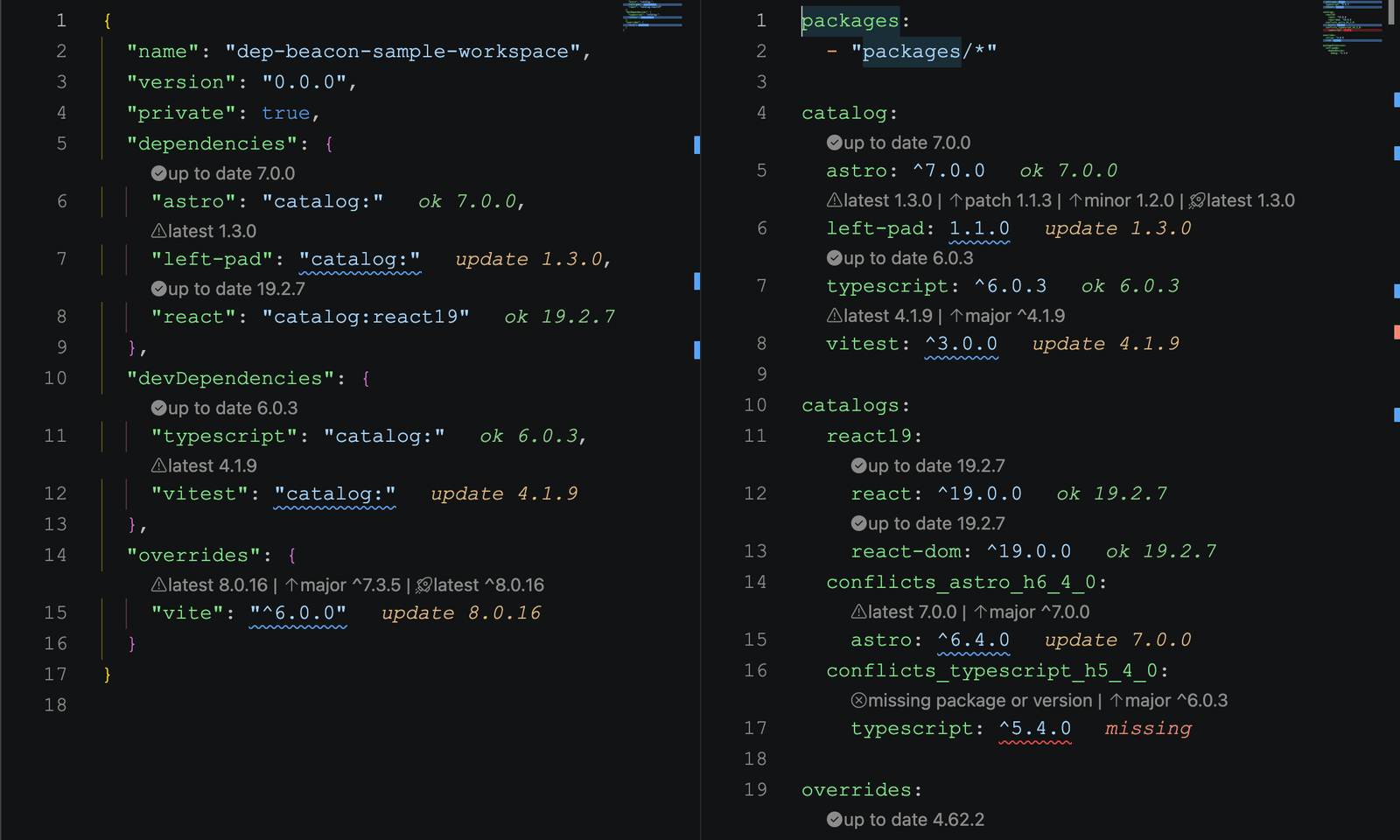 Dep Beacon showing package.json and pnpm workspace dependency signals