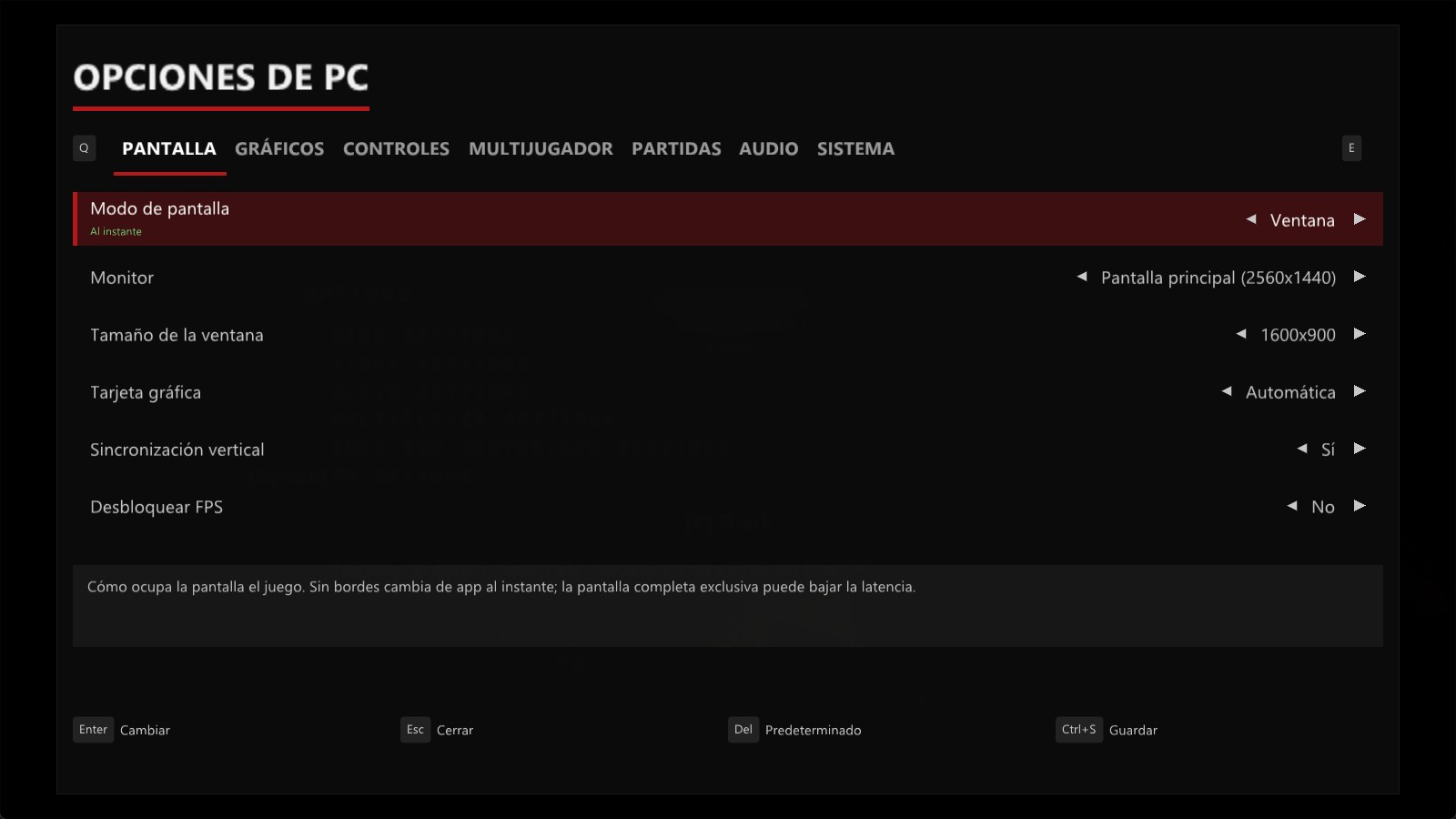 PC Options menu