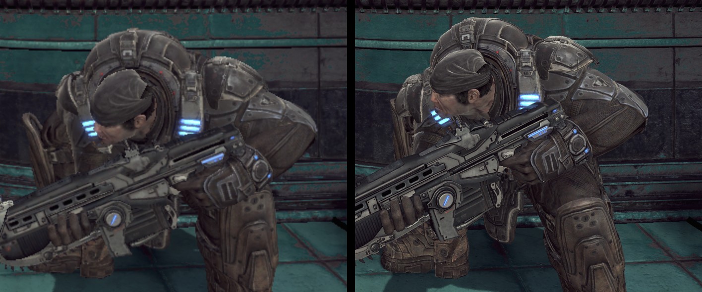 Original 720p rendering (left) vs 4K internal rendering (right)