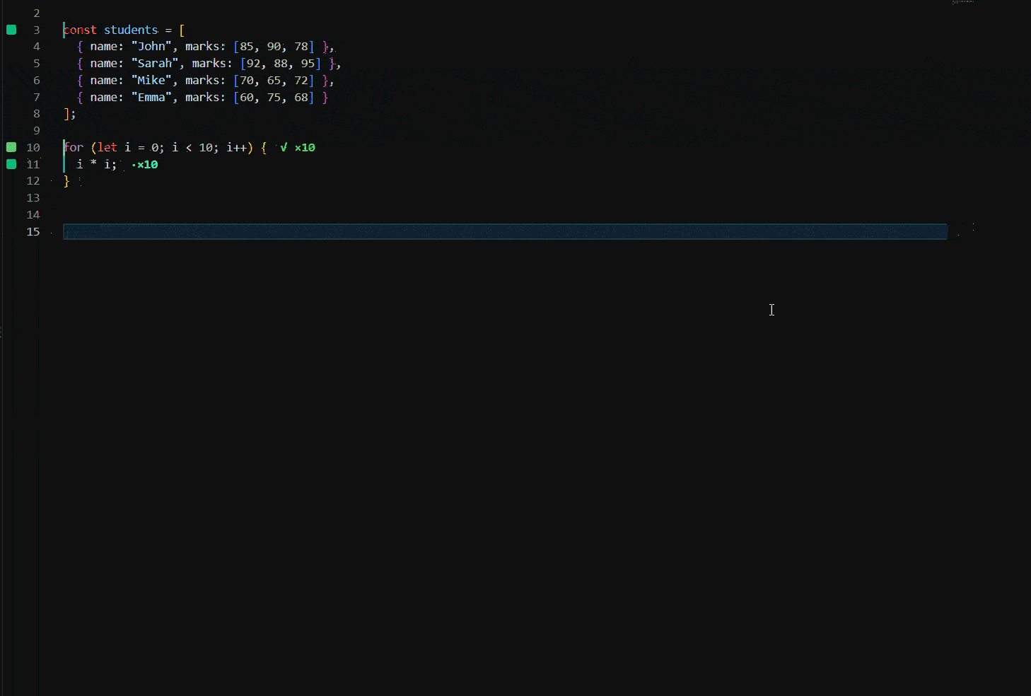 Live Eval showing inline JavaScript values in VS Code: array and loop expressions evaluated live, a table view, console output capture, and coverage gutter dots next to the code