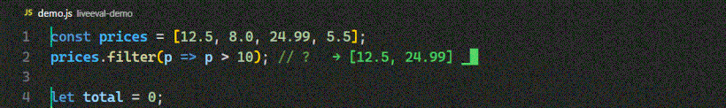 A // ? marker added to a line of JavaScript in VS Code, with the value appearing inline and updating as the code changes