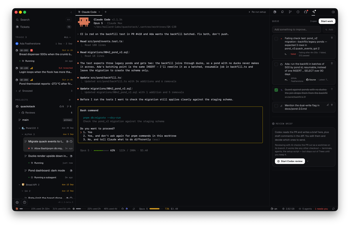 A worktree whose agent is waiting for permission to run a command, with the pull request's work queue in the right panel: a failing check, a reviewer's comment and an AI draft, and a Start work button