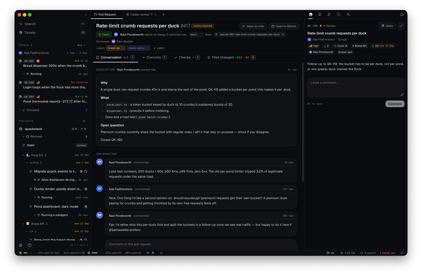 A teammate's pull request in Reviews: the conversation, tab counts for commits, checks and files changed, an AI review session tab, and the linked ticket in the right panel