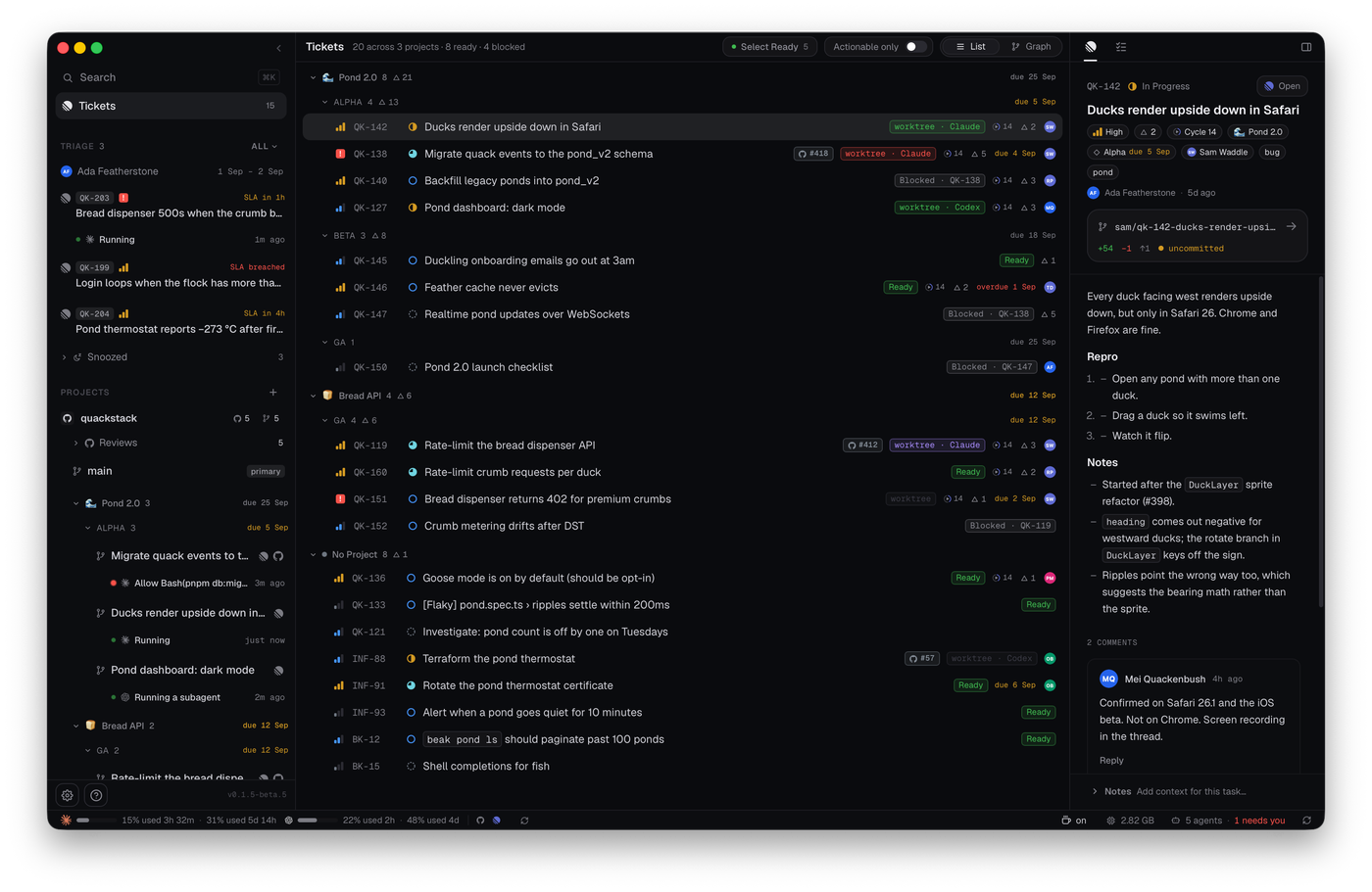 The Tickets list grouped by project and milestone, with ready and blocked markers, pull request chips, cycle and estimate signals, and the selected ticket open in the right panel