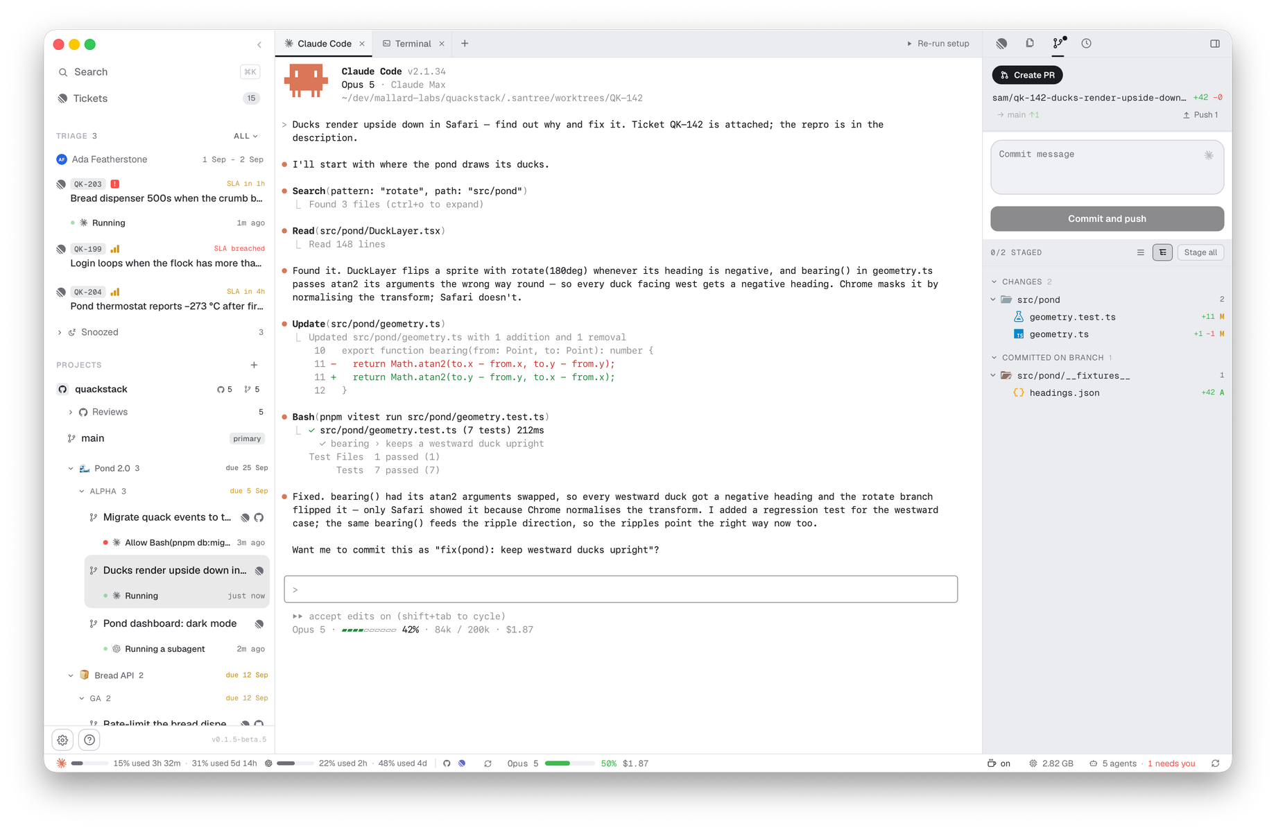 santree's workspace: a sidebar with the triage queue and every project's worktrees, each with its agents' live state; a Claude Code session fixing a bug in its own worktree; and the branch's changes ready to commit in the right panel