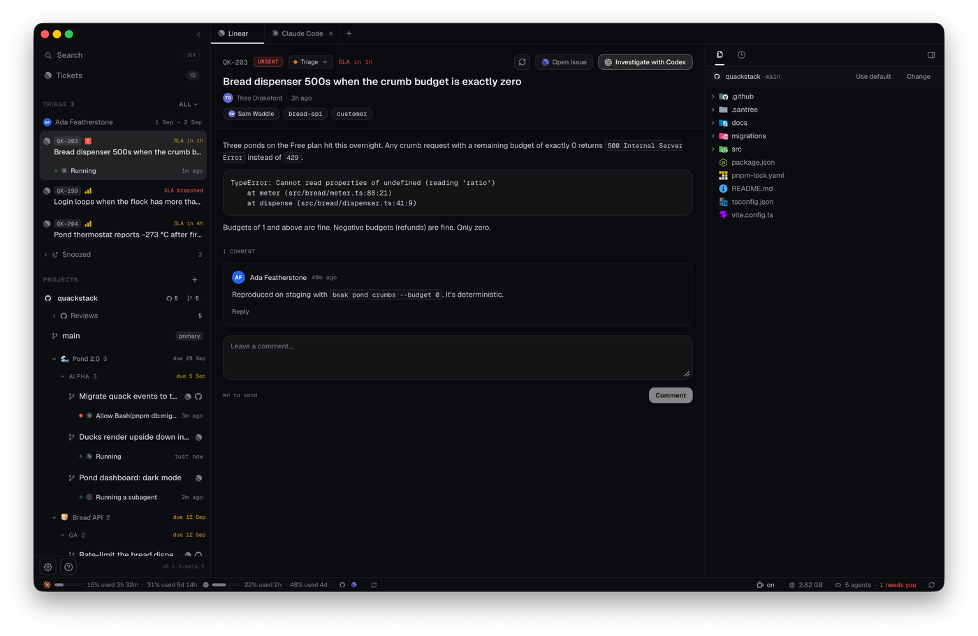 A triage ticket open beside an investigating agent's tab, with the attached project's files in the right panel