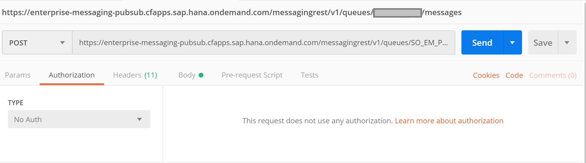 postman authorization for publishing message