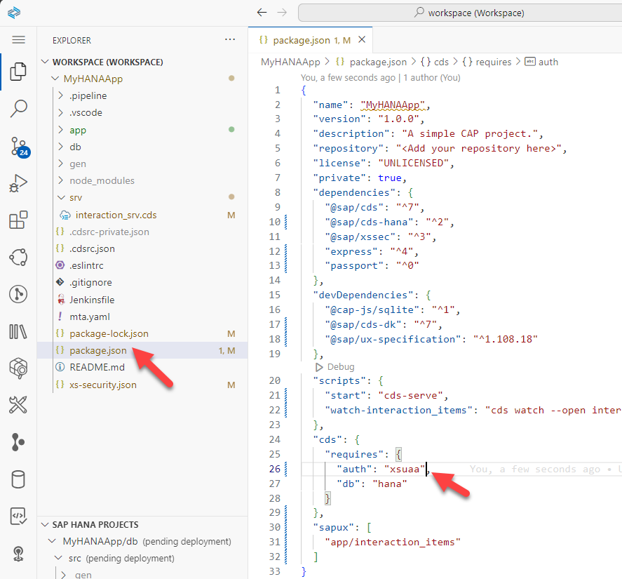XSUAA back in the package.json