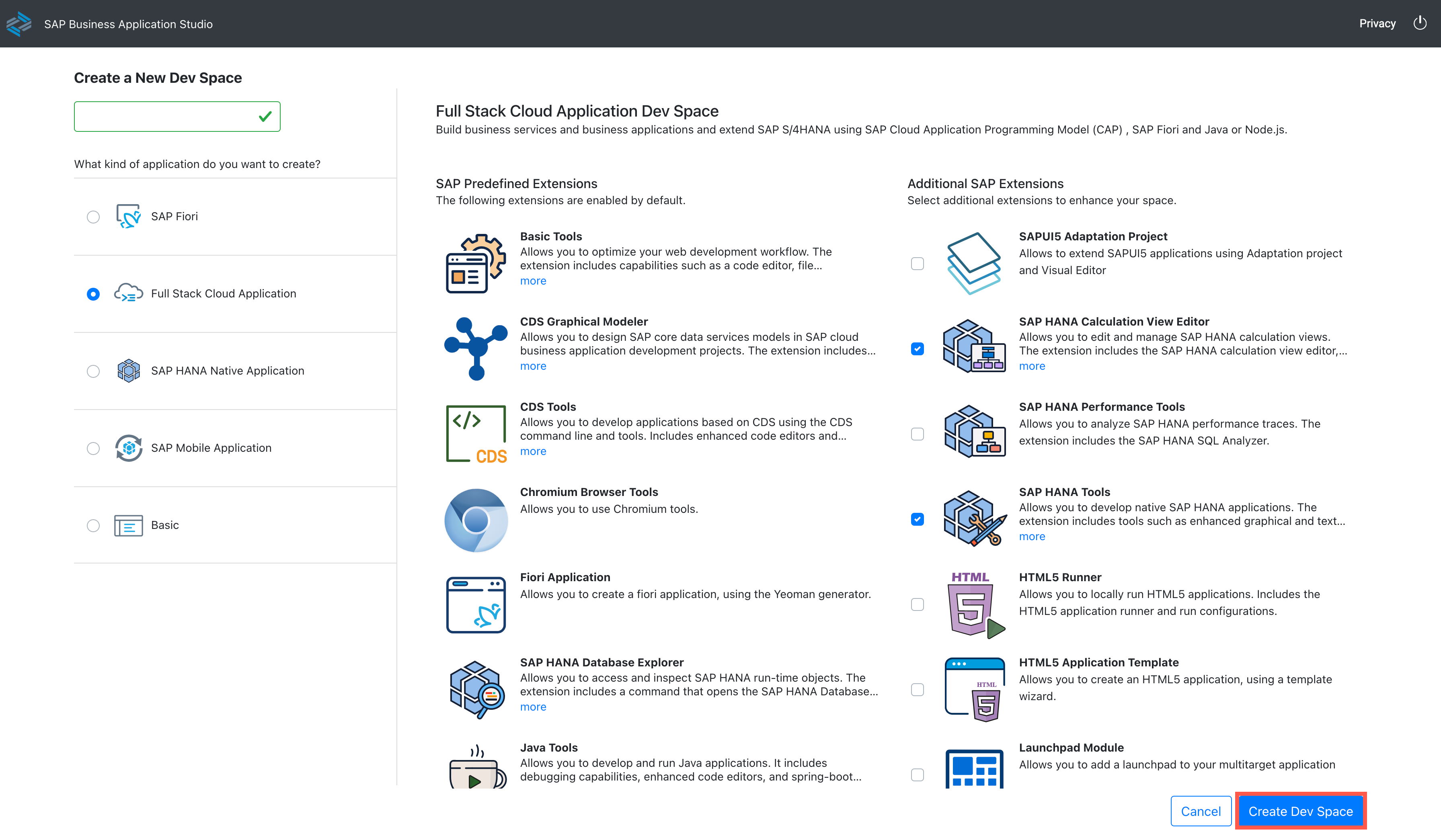 Press Create Dev Space