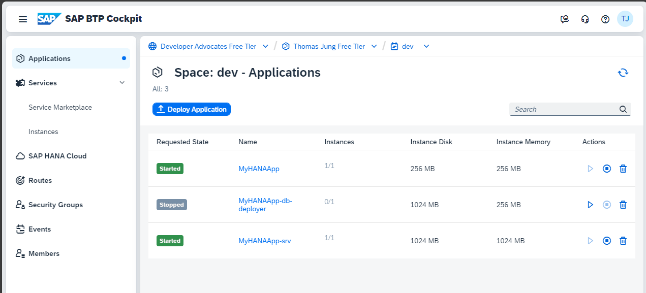 SAP BTP Cockpit Applications after Deploy