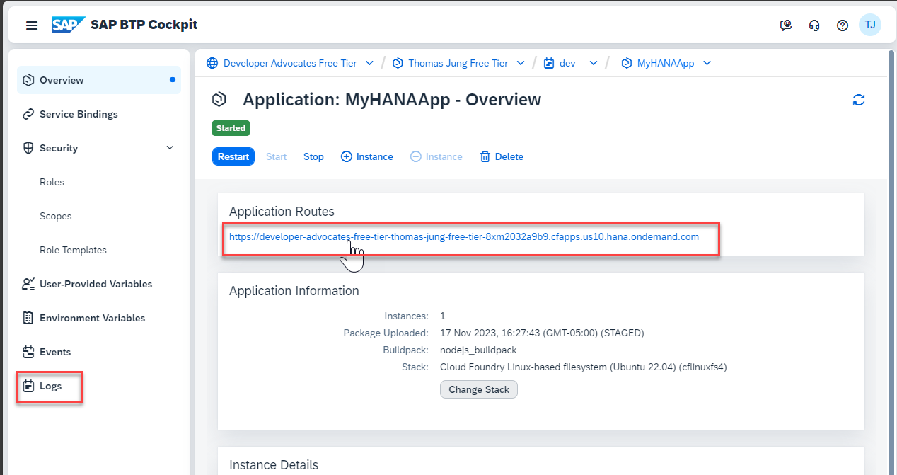 SAP BTP Cockpit application detail