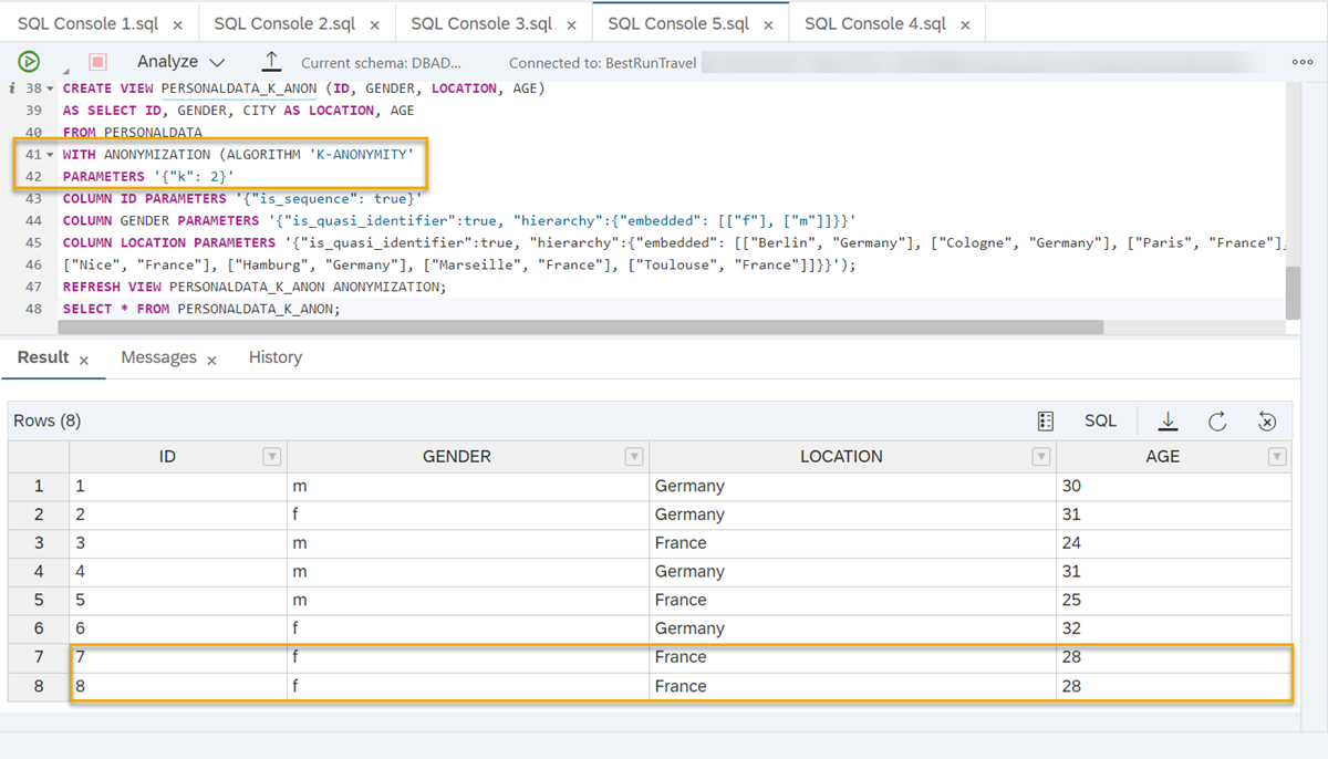 l-diversity data comparison k=2