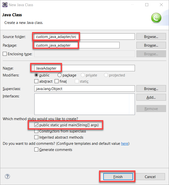 New Java Class Configuration