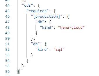 In the package.json file inside the cds.requires section there's a new production profile that contains the SAP HANA configuration..