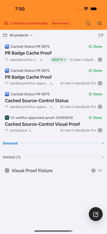 Cached upstream PR badge on the home row