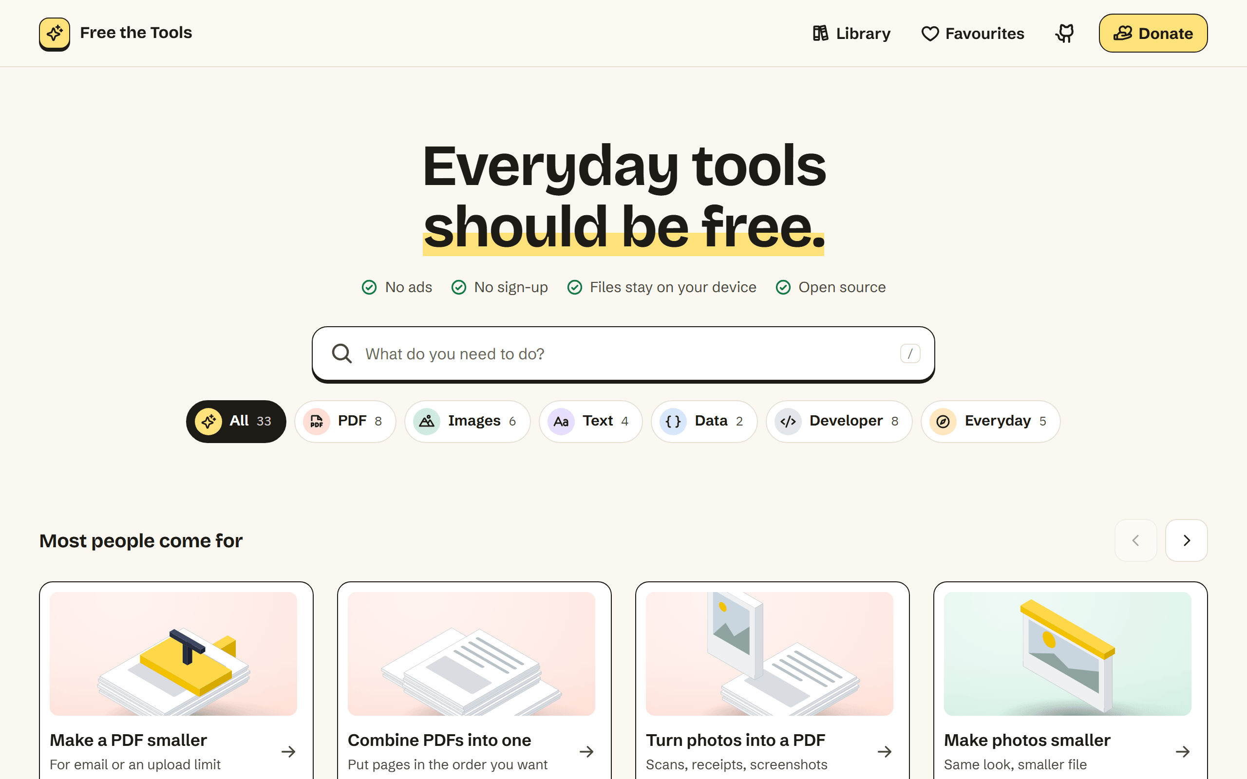The Free the Tools home page: a search box and the tool groups