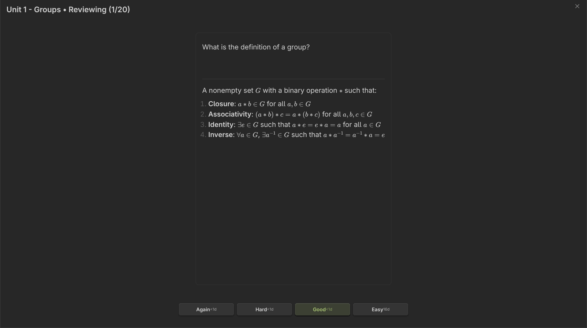 Immersive review mode with FSRS scheduling and LaTeX support
