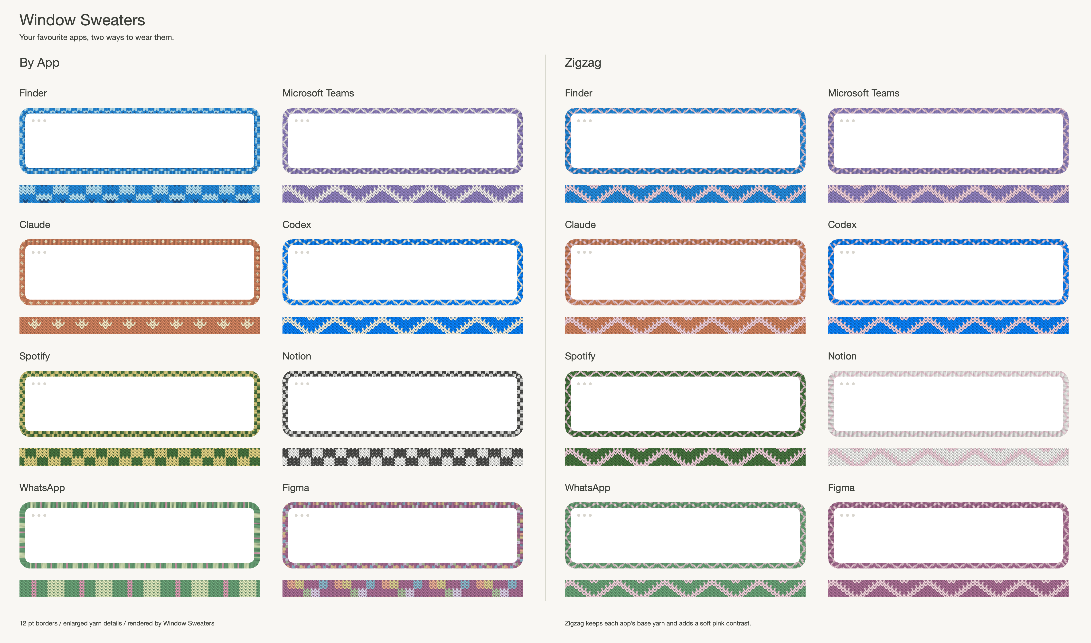 Eight apps shown in By App and Zigzag styles, with enlarged yarn details